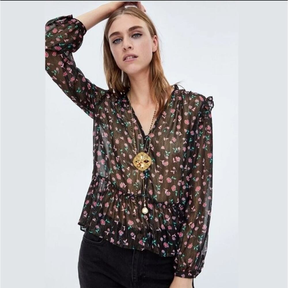 Zara Black Sheer Floral Small Blouse